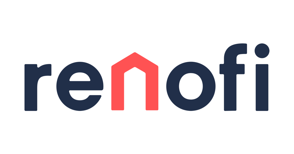 The logo for renofi, showcasing their expertise in home and kitchen renovation, on a sleek black background.