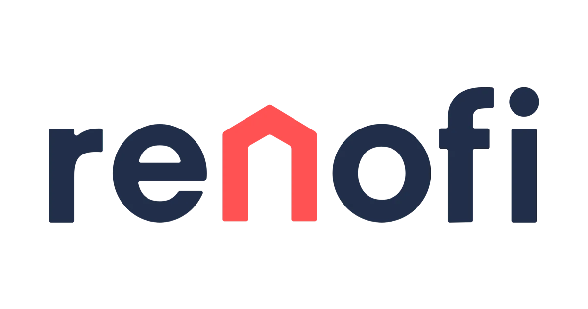 The logo for renofi, showcasing their expertise in home and kitchen renovation, on a sleek black background.